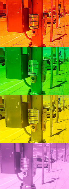 Here are four test frames made with the Kodak DCS-720x and four different filters, the deep red (25a), the deep green (X1), a medium yellow (Y48), and a 720nm infrared filter, showing the unedited visible results.