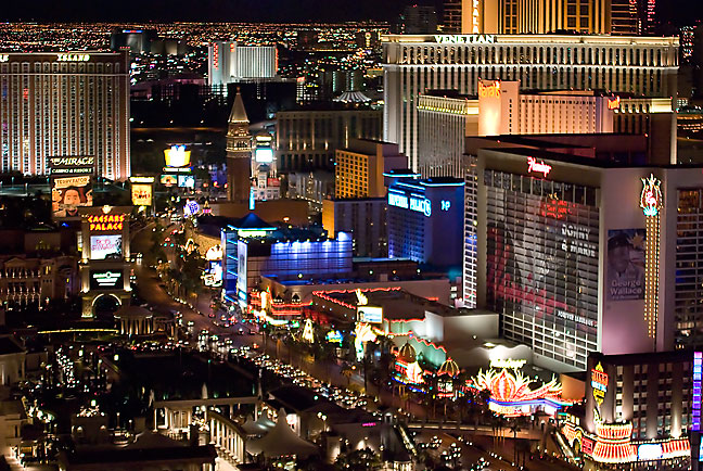 The lights and traffic on the Las Vegas Strip fill the night with luminosity. It's easy for a camera to underexpose an image like this, yielding nothing but bright lights on a black background, but that misses out on the feel of cities like Las Vegas.