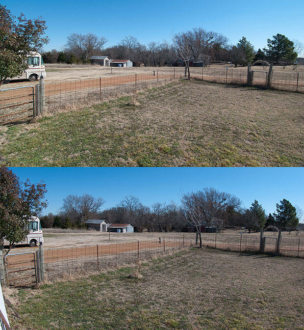 This is a comparison view shot from my front porch. The top image is a regular 12mm lens; the bottom image is the 10-17mm fisheye set to about 15mm. Since the horizon passes through the center of the image, no distortion correction was required for the fisheye view.