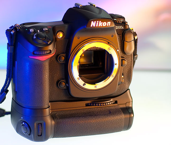 The Nikon D300S is pictured here with the MB-D10 vertical grip, with the EN-EL4 battery installed.