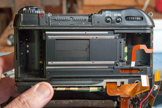 The "Frankencamera" aspect of the DCS760 is abundantly clear in this view showing empty space where a film cassette, on the left, and the space for film to wind, on the right, are empty.