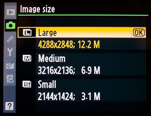 If you shoot JPEG files, you will see this dialog somewhere in the menu system of your camera. Leave it set to "Large" or "Maximum." When you shoot RAW files, which I recommend, this menu item is disabled, and the camera gives you all the available pixels.