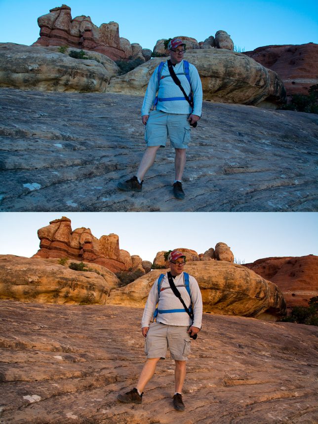 The top image came right of the camera, shot in rapidly changing conditions (sunrise in the Utah desert); the bottom image was "fixed" using Adobe's camera raw dialog, with just a click or two. If the image was a JPEG, I would have considerable difficulty dialing out all those blue/cyan hues.