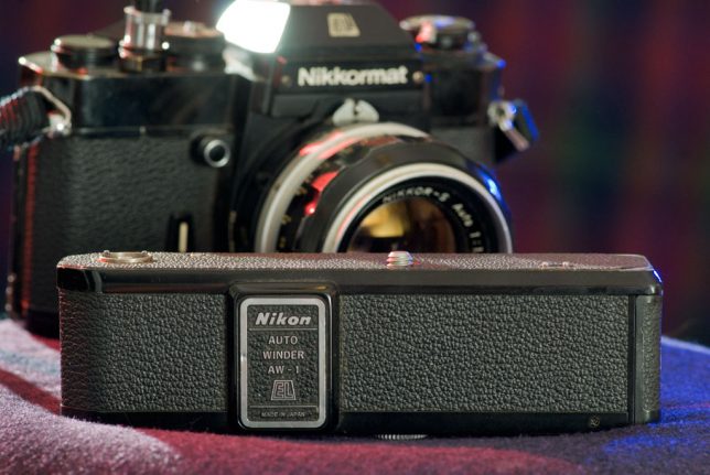 Despite being heavy and awkward to hold, the AW-1 autowinder for the Nikkormat EL was well-made and dependable.