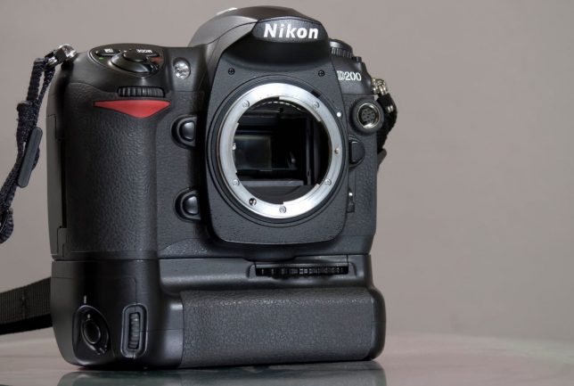 The Nikon D200 stands tall on its MB-D200 vertical grip. The D200 is a good-looking, great-handling camera from the mid-2000s.
