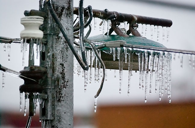 Ice on power line in downtown Ada this morning; except for intermittent interruptions, we have electricity downtown