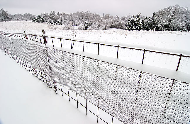 Snow and ice cover the fence in our back yard this morning, with the pasture, pond and tree line in the distance