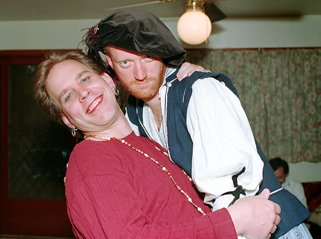 David Wheelock wears one of his wife Brenda's dresses at this 1993 affair; I am dressed in SCA attire that makes me look at least somewhat like a pirate. The pose? I don't know. Something about that dress was irresistible.