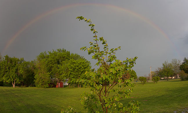 This rainbow appeared briefly after the passage of a thunderstorm this evening.
