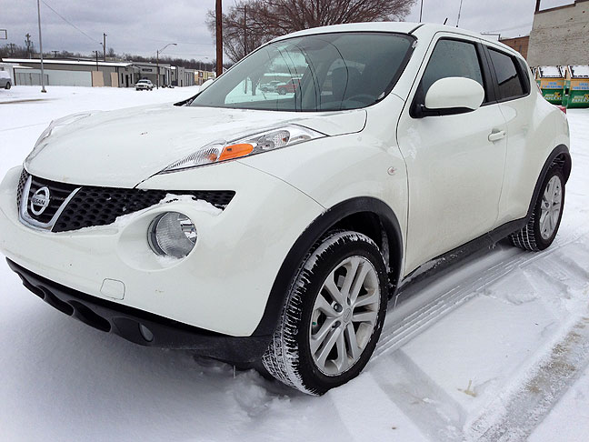 My Nissan Juke sits in the snowy parking lot at my office in downtown Ada this morning.
