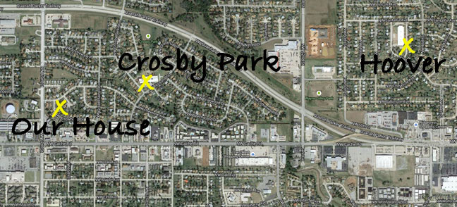 This map shows the location of our house (far left) in 1971, along with our first grade school (Hoover) and the one that opened a couple of years later, Crosby Park.