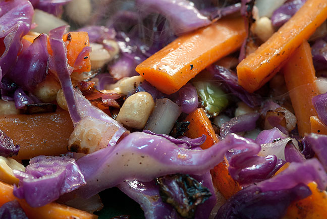 Near the end of the cooking process, a healthy stir fry should look like this: colorful, crisp, and healthy.