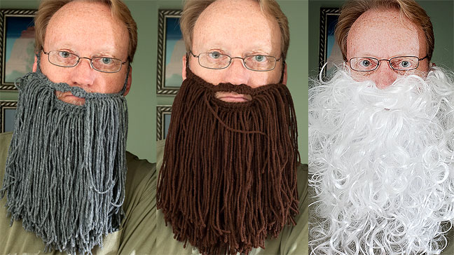 As it happens, my wife crocheted two beards for a coworker's child's birthday party, so I tried them on for her. The white beard is a Santa beard.