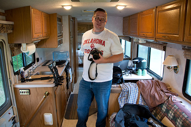 Scott gathers his gear in our RV, the Kokopelli, prior to our shooting adventures at the Barron Wasteland Range of Fury Saturday.