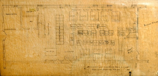 I found this relic from a by-gone era. It is a map of the hot metal typesetting area in the downstairs portion of our newspaper, dated 1959. That area is now vacant. (Click it to big it.)