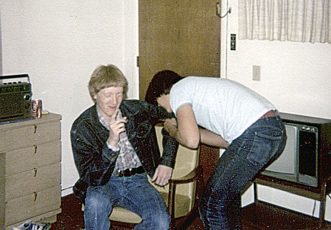This is Dray and me in our motel room in Weatherford, Oklahoma, where we spent two nights at a speech tournament there in February 1979.