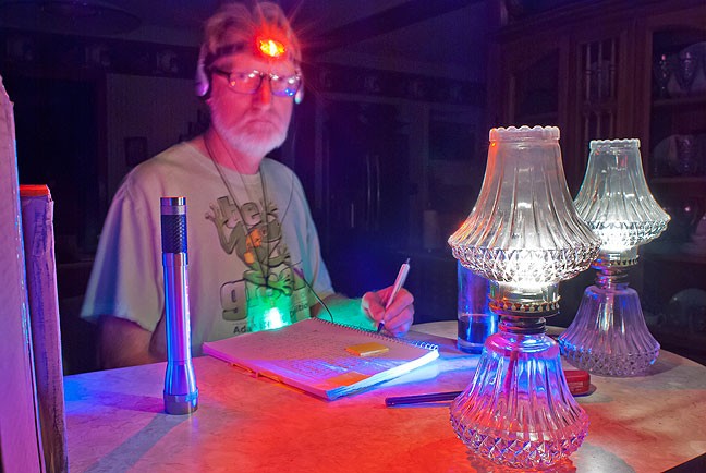 With the hurricane lamps lit and several flashlights around, including my headlamp set to red, I did some research on an old journal before turning in. Abby was in the hospital, so it was an oddly quiet, lonely night in the dark.