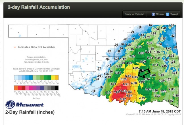 The black arrow points to a Mesonet station just a couple of miles from our house. As you can see, we got a lot of rain, but didn't have the worst of it.