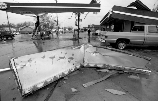 This is the filling station at the end of my block. After the tornado made this damaged, it continued to the college.