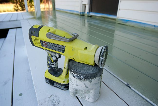 Abby bought this paint sprayer a couple of years ago, but we just now got around to using it for the first time, but had to replace the batteries. A power tool like this makes the work go a lot faster, but can be pretty messy.