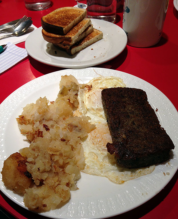 Tom is fond of "scrapple," a Baltimorean delicacy, shown here at the soon to be closed Bel-Loc Diner near where Tom and Chele live.