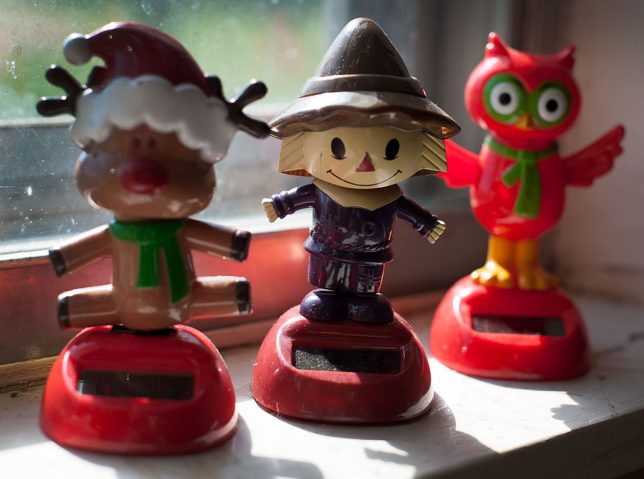 Abby was going through a box of stuff from her office (from which she retired two years ago) and found about 20 of these solar-powered bobble toys. They all dance when the sun shines on them. 