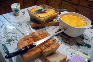Bread and casserole: dinner is served.