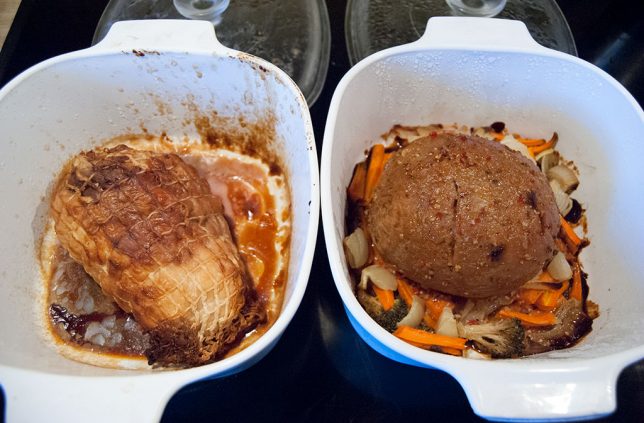 On the left is Abby's boneless turkey, and on the right is my Tofurky. Both were just right.