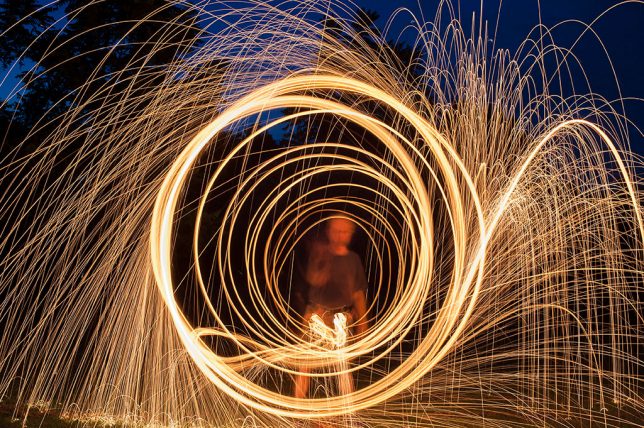 I hadn't played with the spinning/burning steel wool trick in a couple of years, so Robert and I made it happen. 