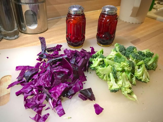 Red cabbage and broccoli are two of the most nutritious substances you can consume, and delicious if you know how to cook them. The salt and pepper shakers in this image are from Mom and Dad, who got them in the 1970s.