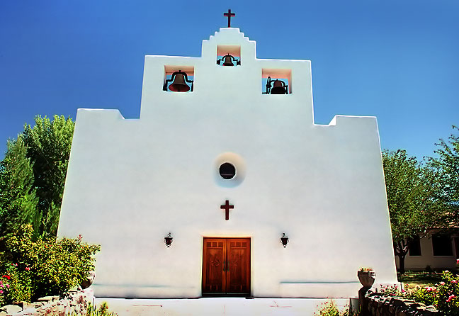 This broad view of the Tularosa Mission shows the front door, and more significantly that the midday light was just about to shine fully on the facade; ten minutes later, this image would be very different.