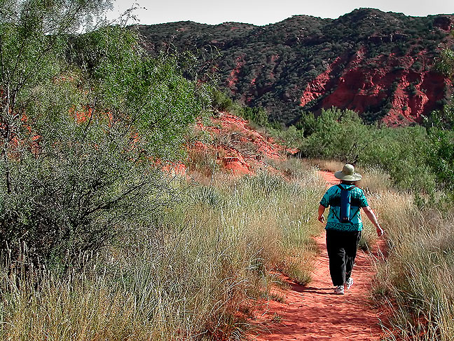 Margaret makes her way along one of the network of trails at Caprock Canyons.