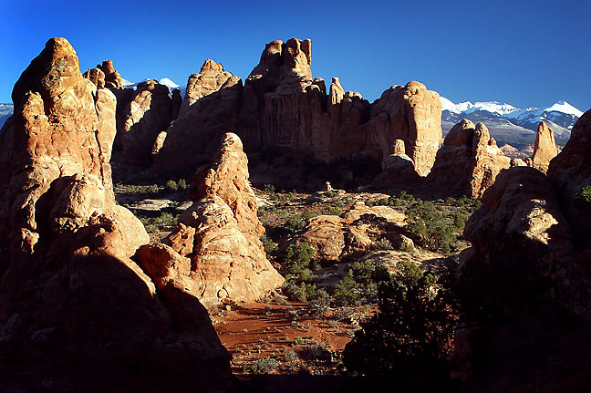 This overview looks south from the Windows section of Arches toward the La Sal Mountains.