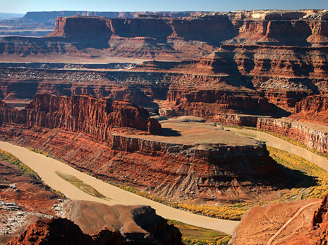 This view is from Dead Horse Point State Park overlook, looking southwest toward the Island in the Sky district of Canyonlands National Park.