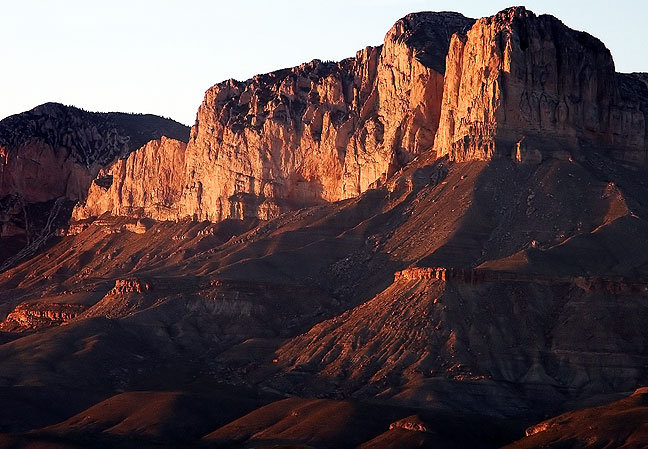 El Capitan Peak on the southern end of the Guadalupe Mountains, stands majestically in evening light.
