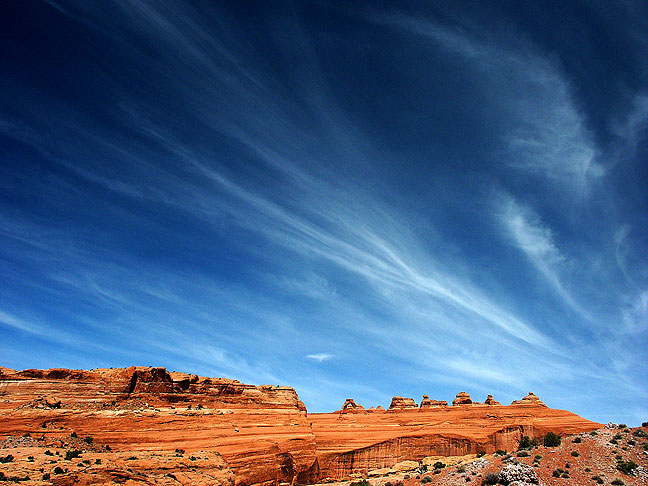 A deep blue sky filled with beautiful cirrus formations greeted us at the Delicate Arch viewpoint.