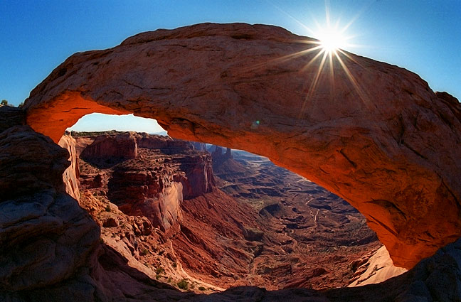 This fisheye view shows Mesa Arch in the Island in the Sky district at Canyonlands National Park.