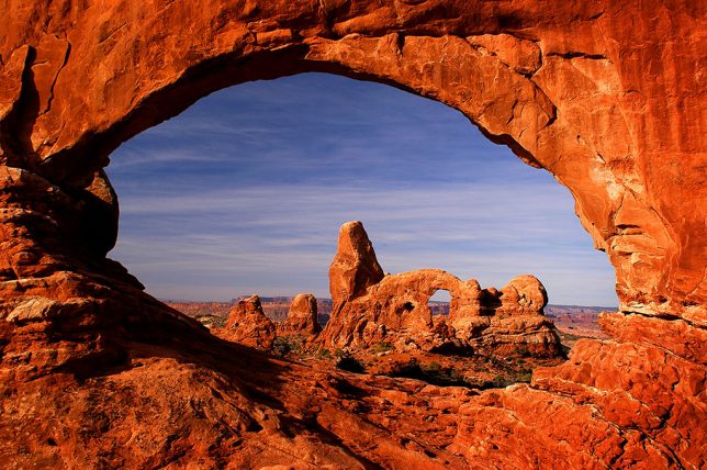 This is a well-known view for shooting The Windows at sunrise: looking through the North Window at Turret Arch. We didn't get to this spot as early as I would have liked, but the morning light was still quite nice.