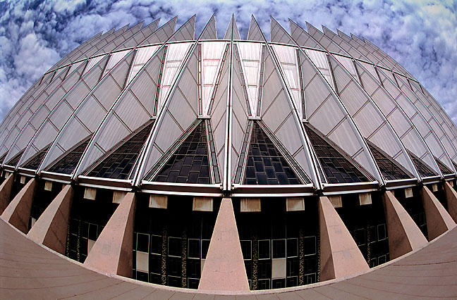 This is a fisheye view of the exterior of the Air Force Academy Chapel at Colorado Springs.