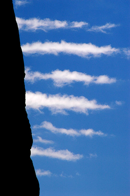 I spotted this unusual confluence of cliff and cloud at Garden of the Gods in Colorado Springs, Colorado.