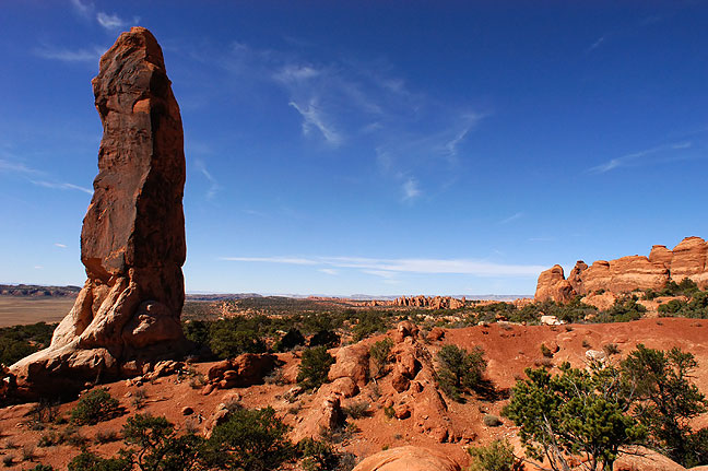 At the end of a spur trail on the Primitive Loop at Arches is the Dark Angel spire.