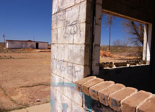 Shown from the interior of the abandoned Café Motel, this image shows how old and decaying it is.