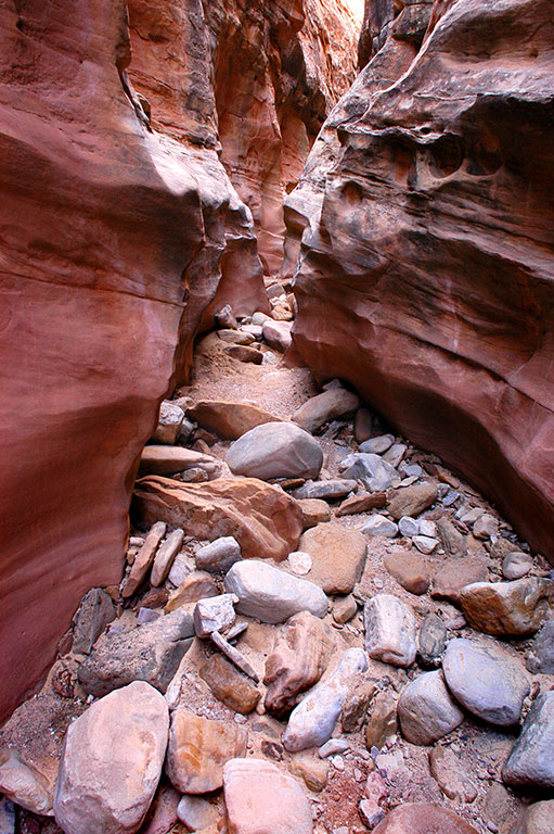 Stones sit on the floor of Little Wild Horse Canyon.