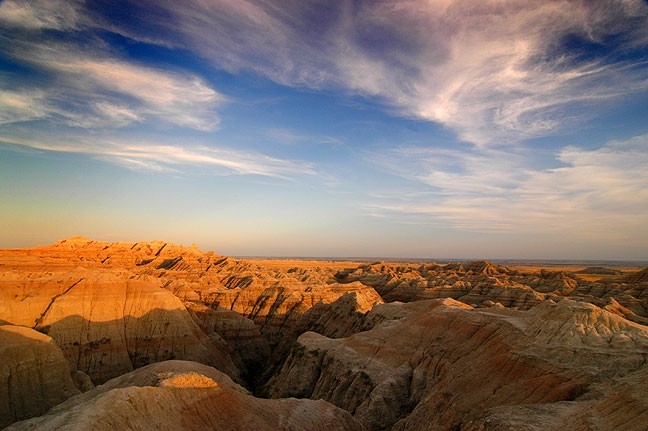 Badlands National Park sunset is seen from the Pinnacles Overlook.