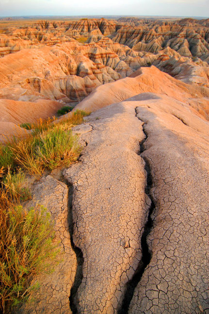 Cracks and Eroded Soil, Badlands, Sunset from the Pinnacles Overlook