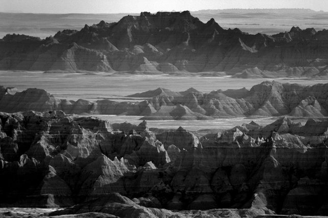 During the middle park of the day, the formations of Badlands National Park have little color, so I shot them in black and white.