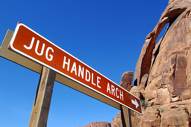 The sign for Jug Handle Arch leaves little doubt you are in the right place. There are several arches by this name, but this one might be the most aptly named.