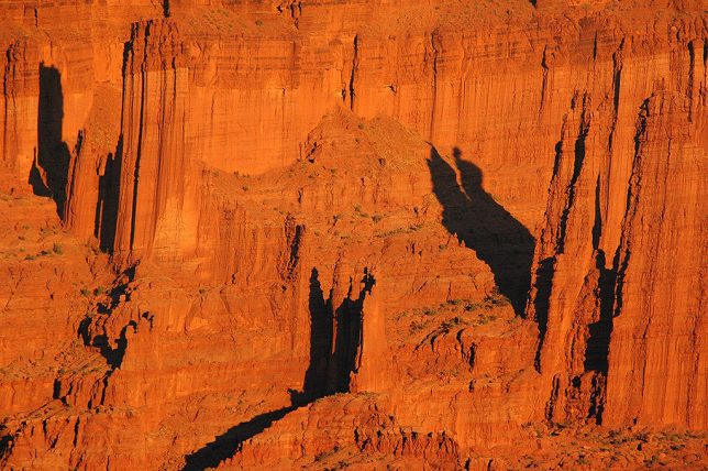 This telephoto view show Fisher Towers from nearly a mile west at sunset.