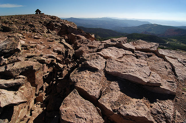 Boulder field with shelter house in the distance, Brian Head Peak, Utah.