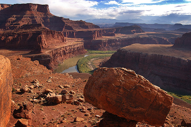 View across the Colorado RIver looking east from the White Rim Road, Canyonlands, with Dead Horse Point in the upper left hand side of the frame.